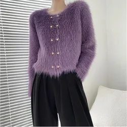 Spring Autumn New Women's Mink Velvet Knitted Cardigan Sweater Coats Fashion Elegant O-Neck Button Commuter Long Sleeve Tops