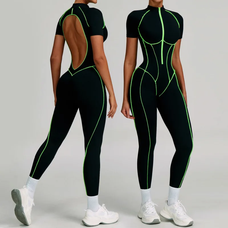 

Hollow Backless Bodycon Sports Jumpsuit Woman Bodysuits Zipper Long Sleeve Leggings Gym Fitness Rompers Yoga Workout Overalls
