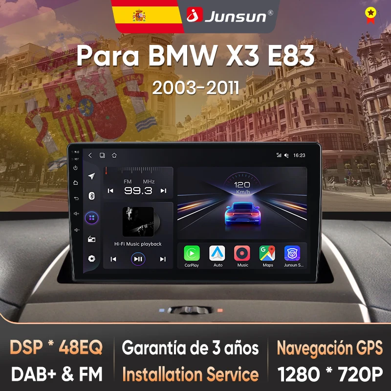 Junsun Radio mit KI-Sprachsteuerung für BMW X3 E83 2004 2005-2012, kabelloses CarPlay, Android Auto Autoradio 2DIN mit Bluetooth, DAB+, GPS, RDS