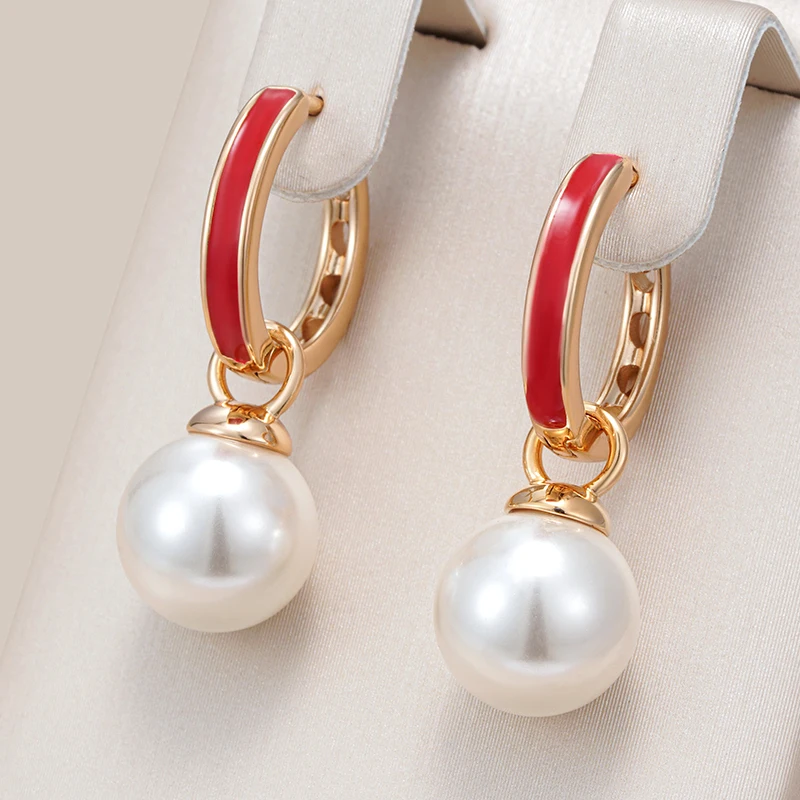 Kinel Hot Fashion 585 Rose Gold Color Red Enamel Drop Earrings For Women Girl Wedding Party Pearl Pendant Eardrop Jewelry