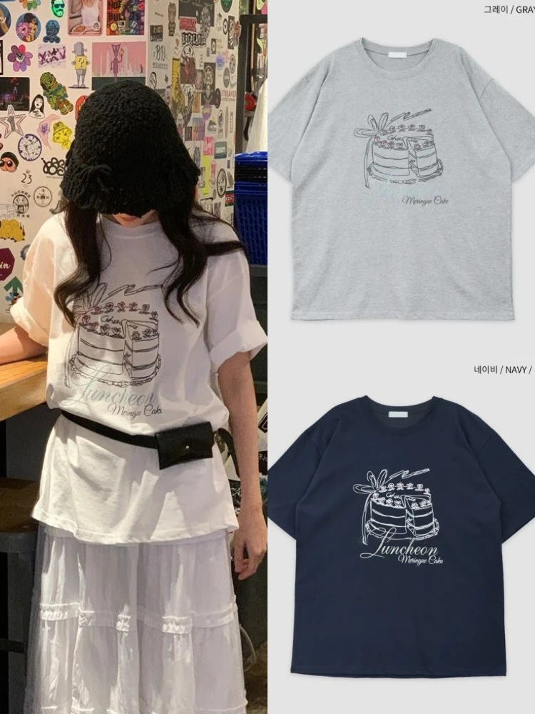 

Футболка Sweet Cute Cake Print ort Sve, повседневная универсальная футболка Fre, антивозрастной топ Dongda Gate Sle, летняя круглая футболка Ne