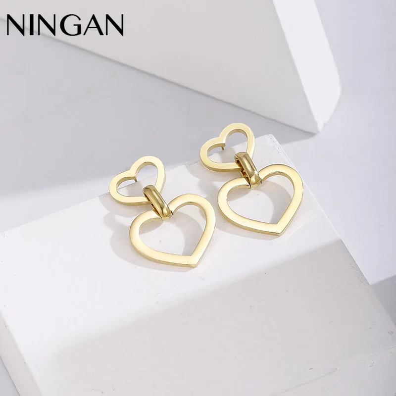 

NINGAN Gold Color Heart Pendant Stud Earring Fashion Women Drop Earrings Simple Jewelry for Girls Party Wedding