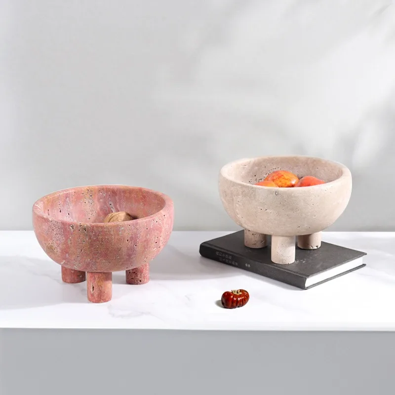 Modern Light Luxury Red Travertine Footed Fruit Tray Decorative Bowl Ornament for Kitchen Coffee Table Hotel Home Decoration