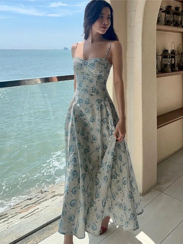

2025 New Vintage Print Slip Dress Casual Beach Vacation Slip Women Summer Dresses Vestidos Para Mujer Temperament Long Dresses