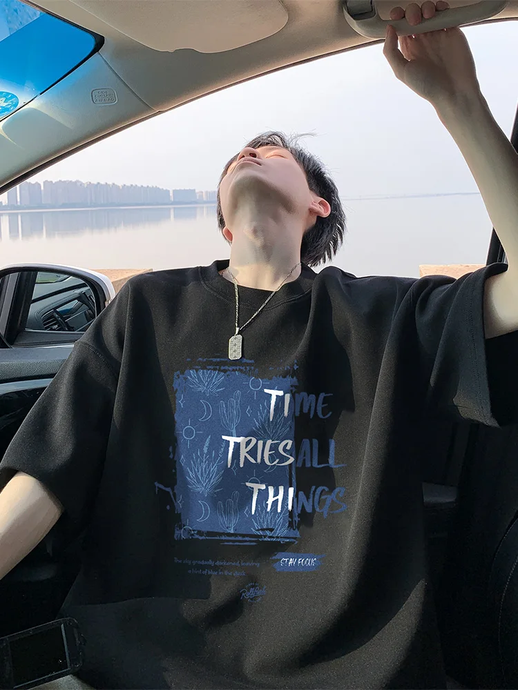 

Motorcycle High-Quality Cotton Summer Black Printed Trendy Half-Sleeved Student Loose T-Shirt with Street Style