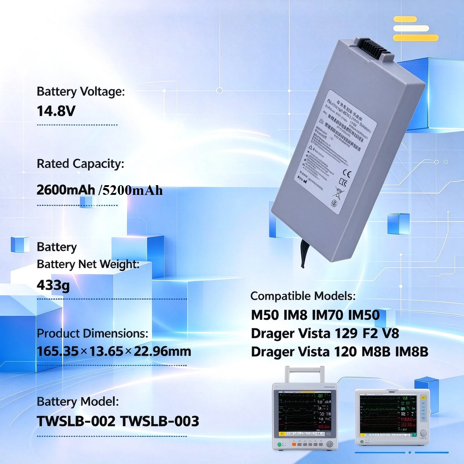 TWSLB-002 TWSLB-003 Replacement Battery 14.8V 5200mAh For Edan M50 IM8 IM70 IM50 IM80 IM8F Drager Vista 120 129 F2 V8
