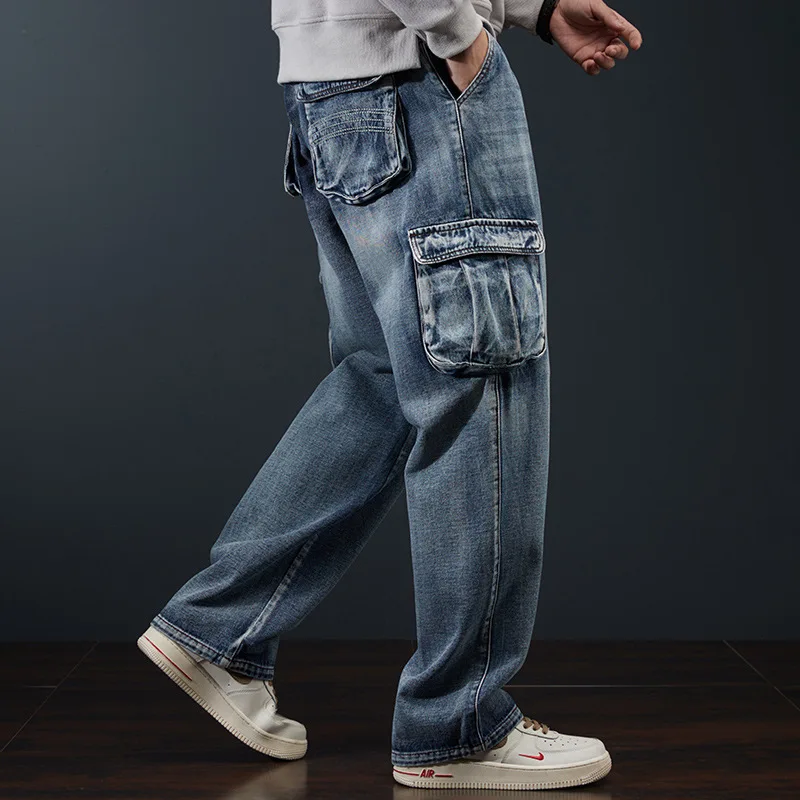 American Multi-Pocket Cargo Jeans Men's Wide Leg Loose Straight Plus Size Trendy Denim Trousers