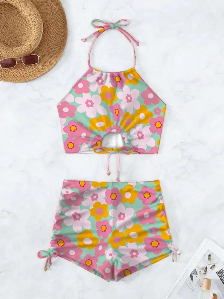 

UETEEY 2025 New Summer Swimwear Bikini Set Sexy Leopard Bikini Shorts 2 Piece Set for Women Laced Up Split Swimsuit Beach Bikini