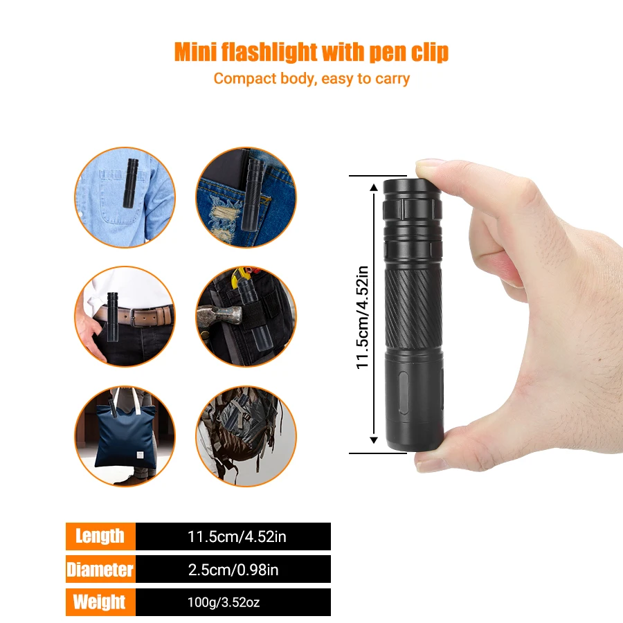 KDULIT SC8 800LM Powerful LED Flashlight Type-c Rechargeable EDC Tactical Torch 1500Mah Battery Outdoor Camping Fishing Lantern