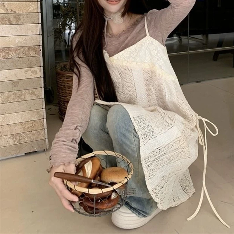 Frühling Herbst Unregelmäßige Einteilige Beige Spitze Ärmelloses Kleid Frauen Cover Up Layered Kurze Mini Slip Kleid Nette Hosenträger Kleid