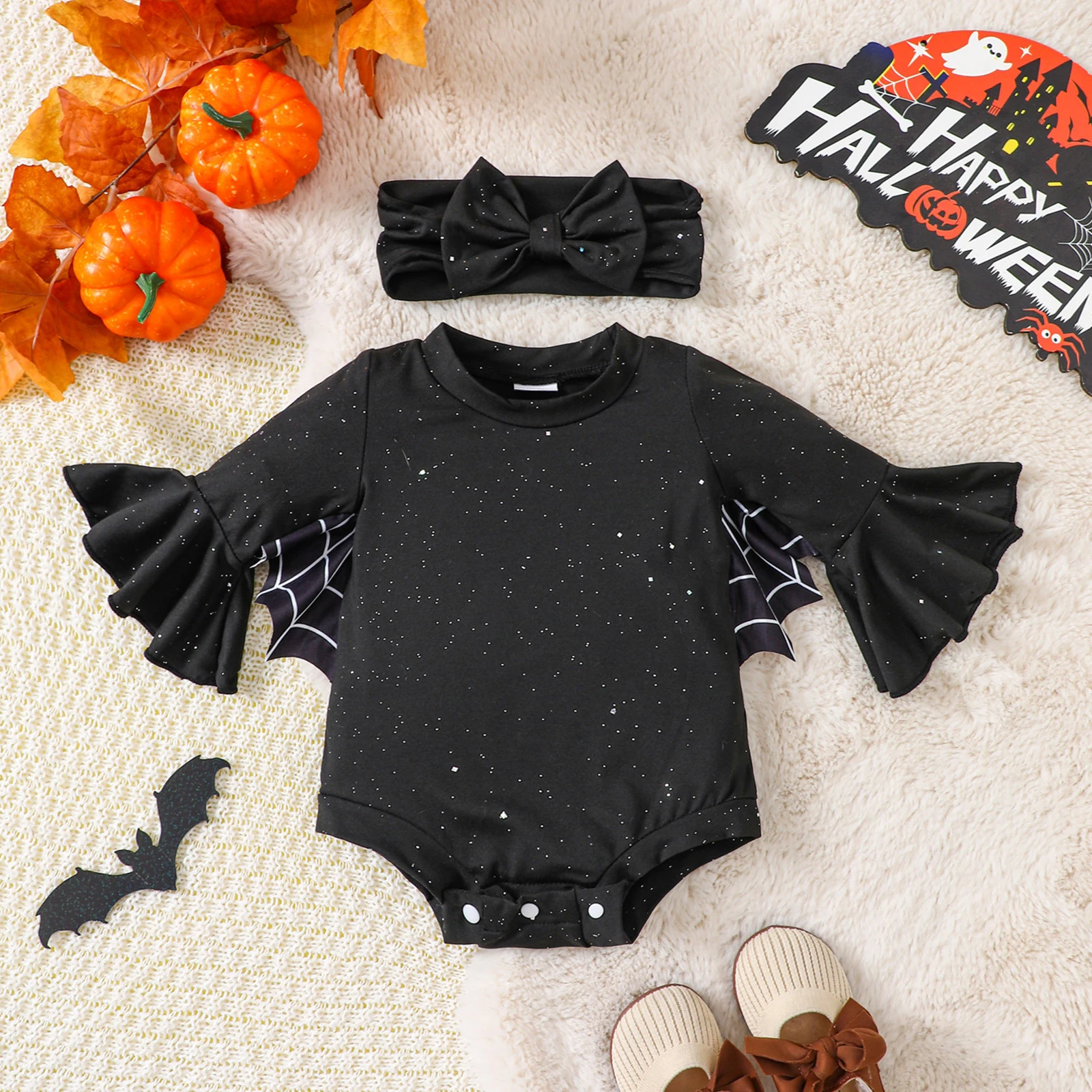 Baby Girls Halloween Bat Costume Fashion Long Bell Sleeve Spider Web Print Romper with Headband 2Pcs Outfit