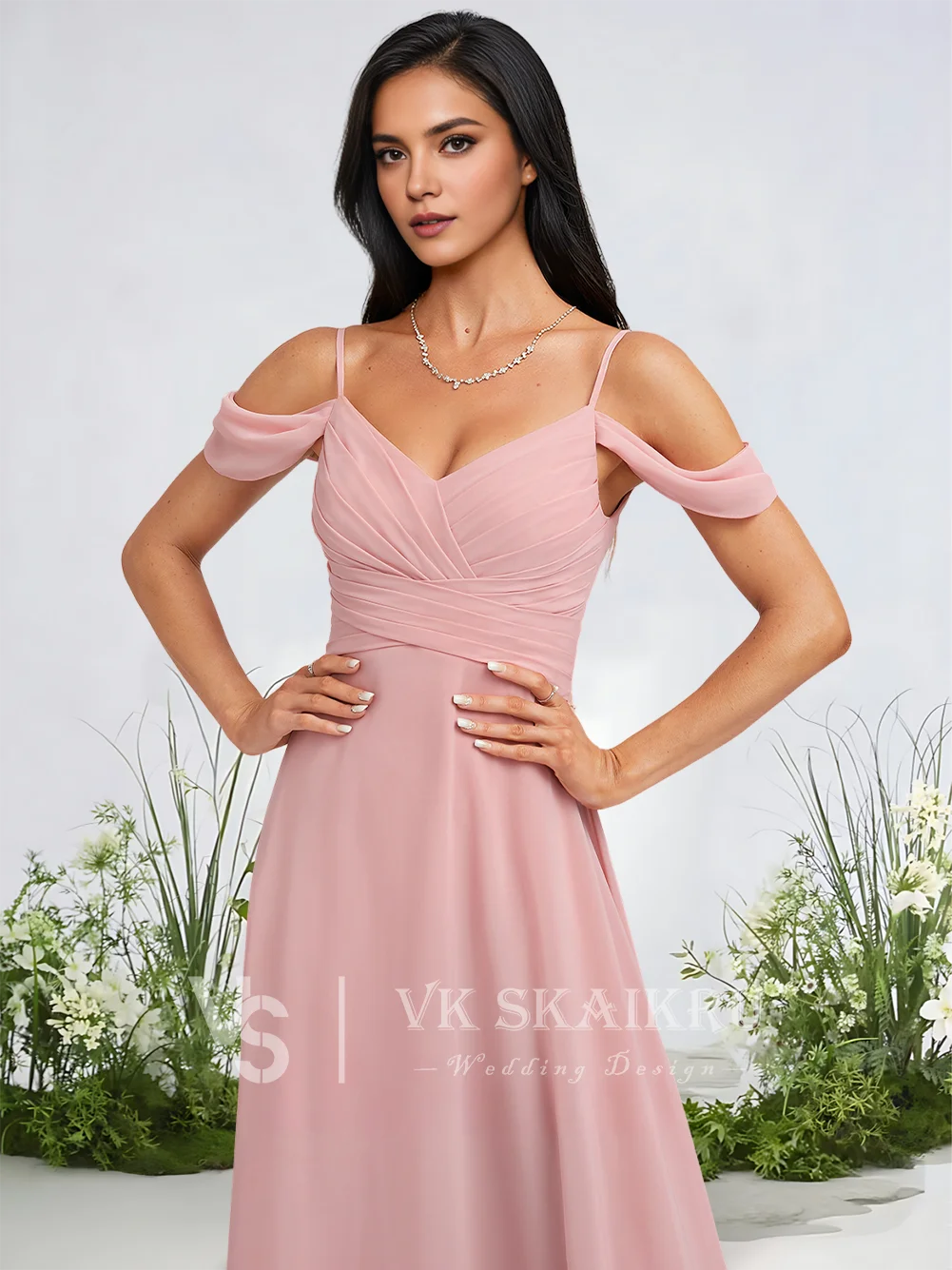 A Elegant Lavender Bridesmaid Dresses Wedding A-Line Cold Shoulder Floor-Length Chiffon Gowns Cocktail Guest Evening Party Dress