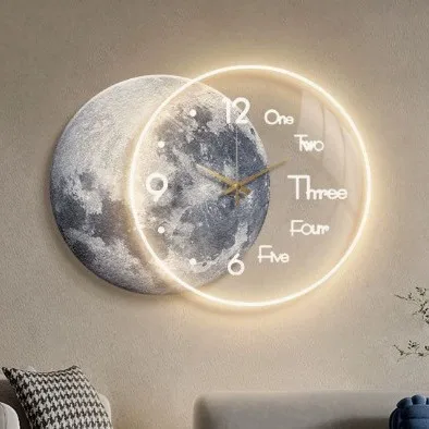 Wabi Sabi Wind Restaurant Decorative Painting High-end Moon with Clock Living Room Wall Hanging Clock