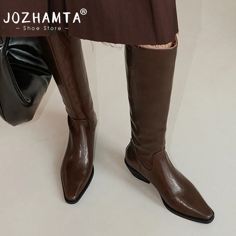 

JOZHAMTA Size 34-40 Cowboy Knee High Boots For Women Real Leather Wide Calf Chunky Heels Winter Shoes 2024 Cowgirl Long Boots