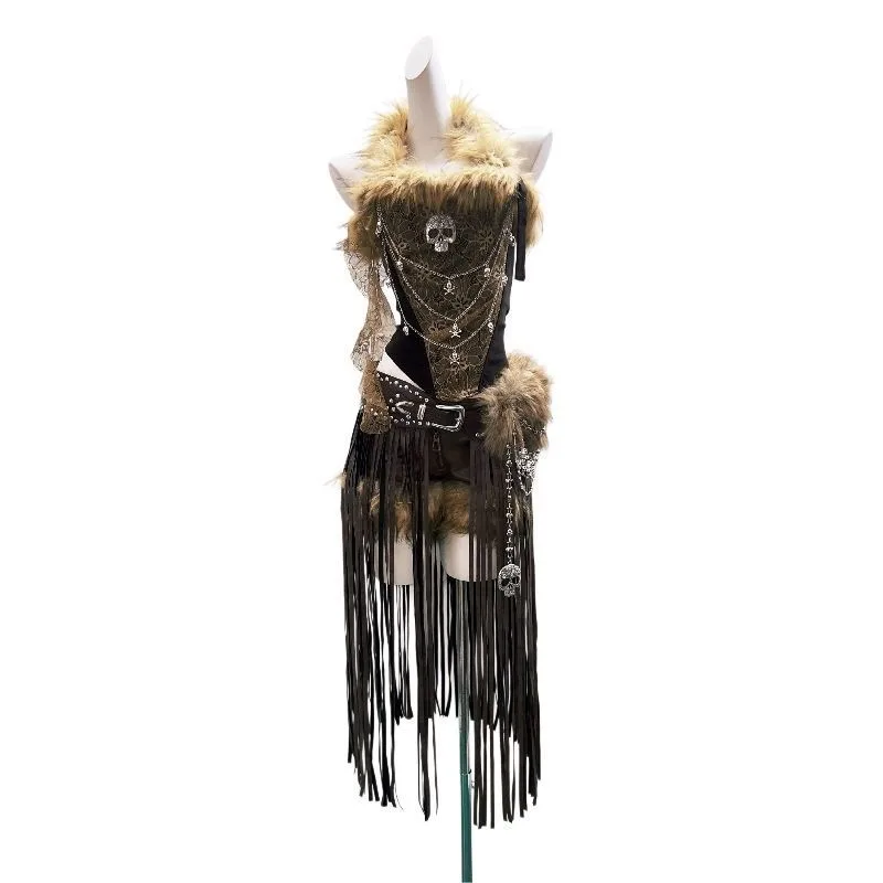 Retro Wasteland Outfit Faux Fur Tassel Costume Vest Shorts Belt Set Halloween Party Stage Performance Clothes for Women