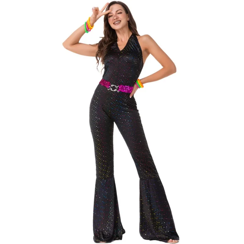 

European and American Retro Disco Costumes Starry Sky Fashion Horn Trousers Halloween 80s Female Hippie Performance Costumes