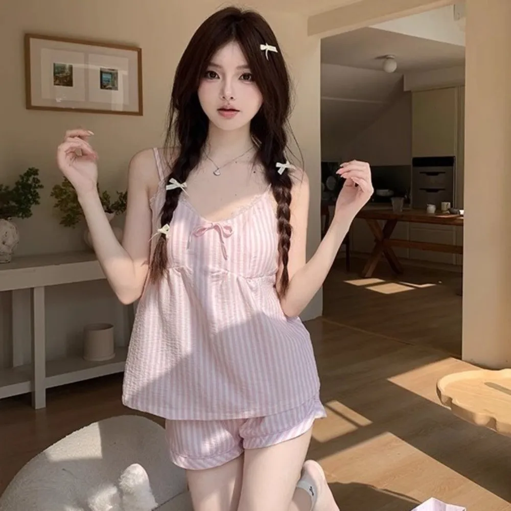 

Cute Sweet Bowknot Pajamas Set Loose Fit Sleeveless Two Pieces Pajama Spaghetti Strap Nightwear Set Homewear