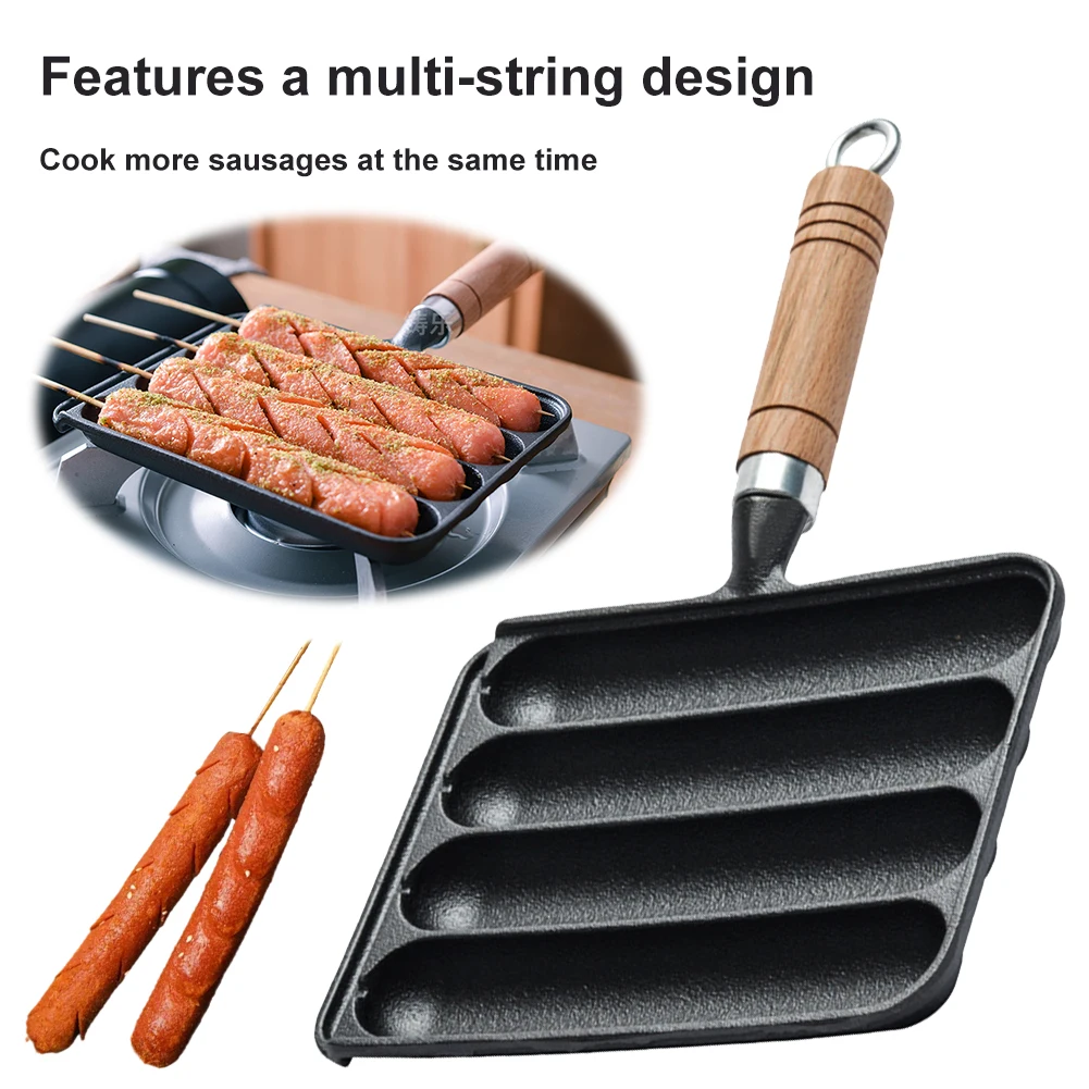 Cast Iron Pre-Seasoned Pot Non-Stick Pot for Grilled Sausage with Wooden Handle Baking Mold Tool Sausage Fry Pan