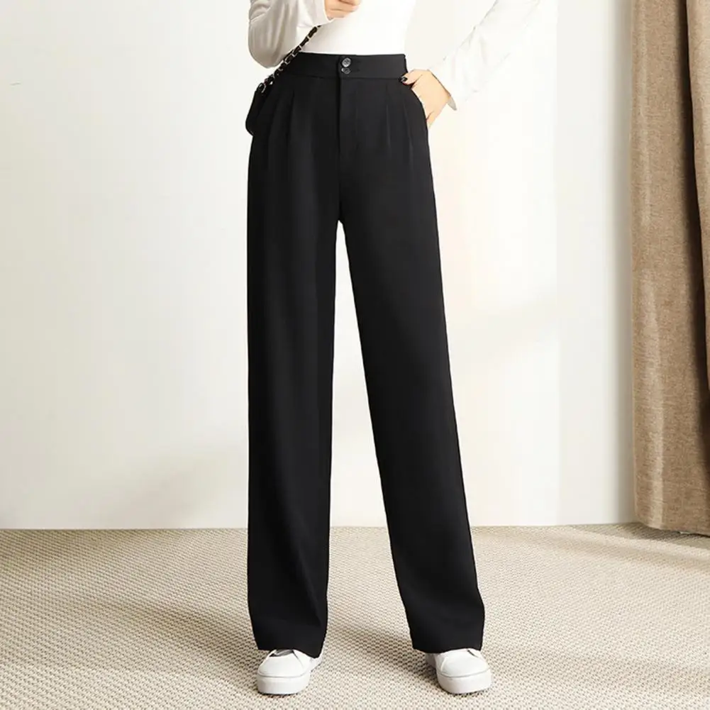 Summer Women Pants Solid Color High Waist Slant Pockets Wide Leg Draped Suit Trousers Elastic Waistband Smooth Lady Pants