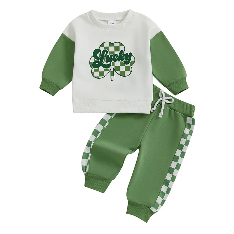 Conjuntos de trajes de día irlandés para niño Conjuntos de pantalones con cordón y tops con estampado de letras de trébol de manga larga