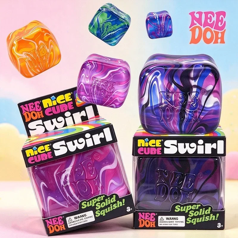Needoh Nice Cube Swirl Marbled Pattern Stress Relief Fidget Toy Maltose Slow Rising Squeeze Toy for Office Desk Anti Anxiety