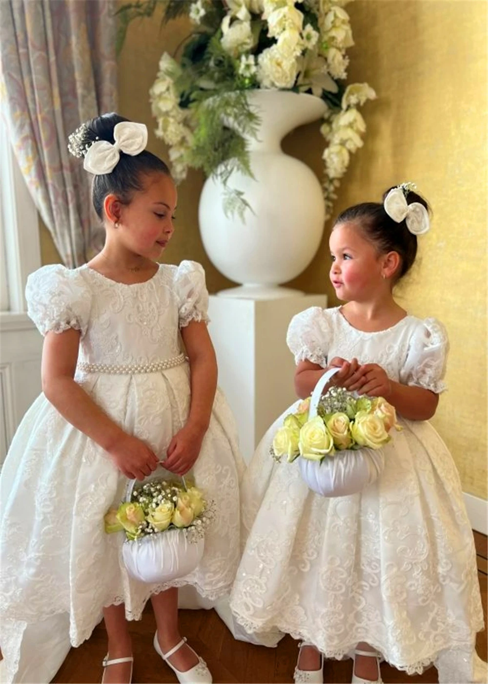 

First Communion Gowns Assymetrical Peal Flower Girl Dress Dream Lace For Wedding Dresses Puffy Pricness Pageant Evening Gown