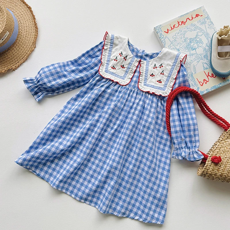 

2025 New Autumn European American Style Kids Princess Dresses Long Sleeved Cotton Grid Embroidery 2-7Yrs Girl Party Dress