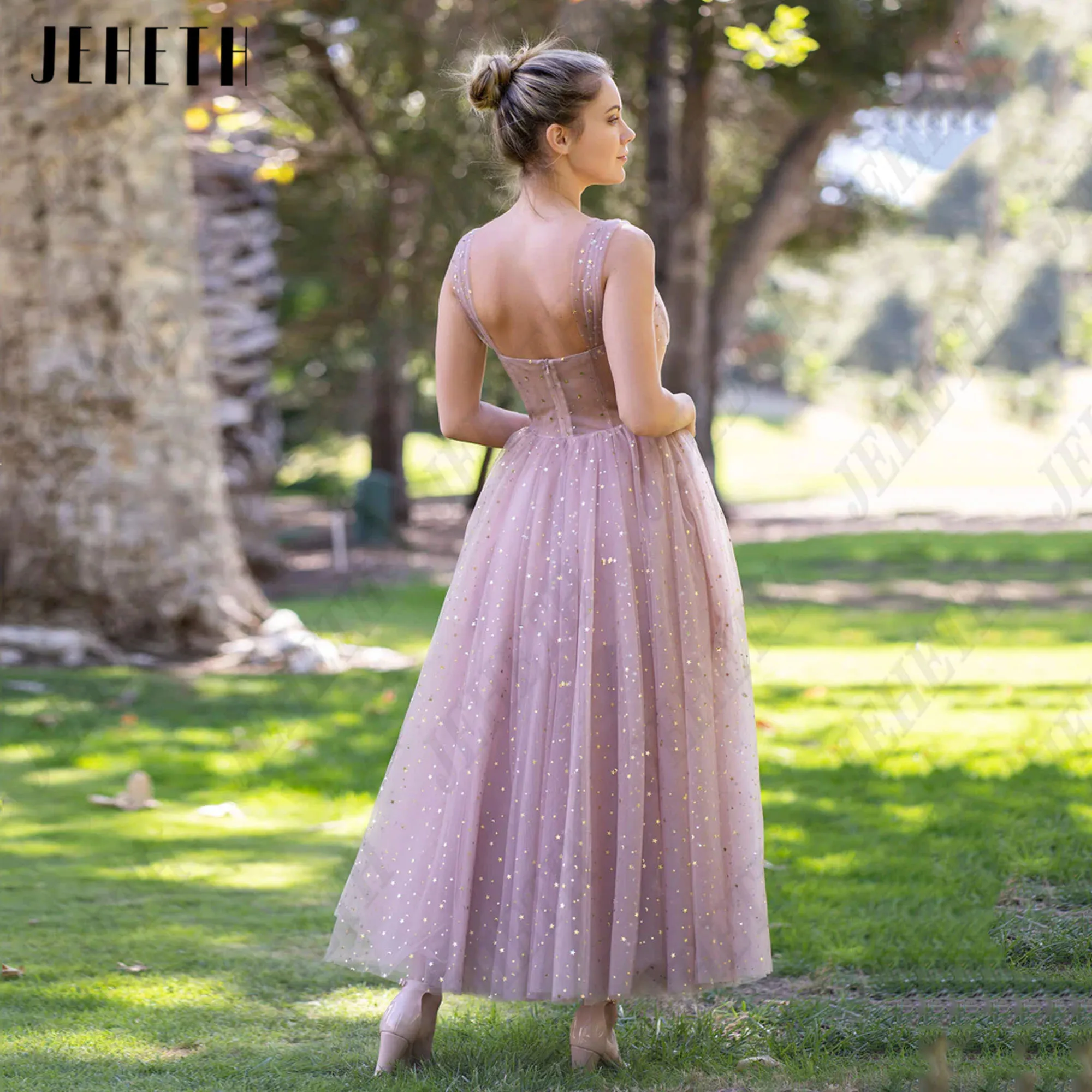 JEHETH Sparkly A-Line Prom Party Dresses Spaghetti Straps Sweetheart Tulle Evening Dress Zipper Back Sleeveless Graduation Gowns