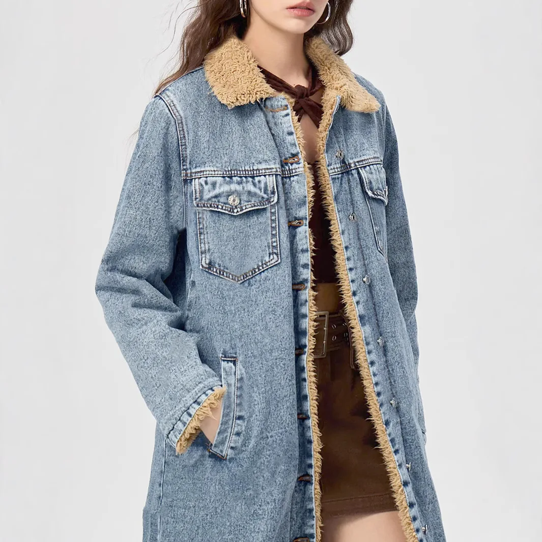 

Single Breasted Denim Coat Women Fleece Spliced Jacket Long Sleeve Turn Down Collar High Street Outerwear Casual Style