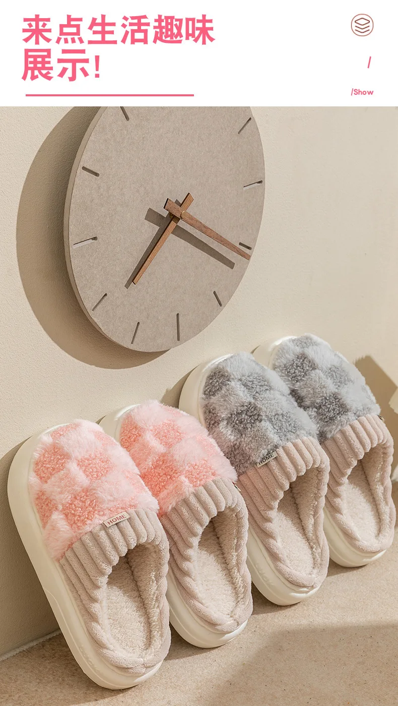 Shevalues Winter-Hausschuhe mit Plüschfutter für Damen, neue Baumwoll-Slides, flauschige, warme Innen-Slides, weiche Sohle, gemütliche Hausschuhe für Damen. – Detail 1