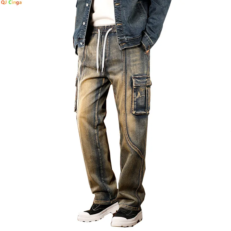2026 New Men's Blue Jeans, Slightly Stretch Denim Drawstring Pants, Workwear-Style Multi-Pocket Trousers. Asian Sizes
