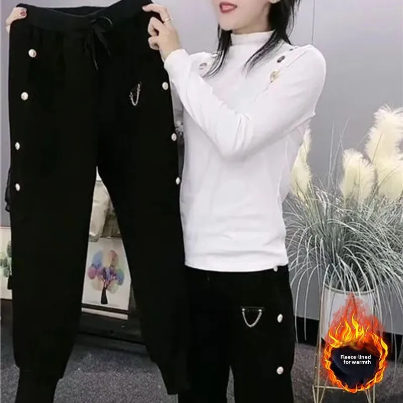 Pantaloni casual da donna a vita alta foderati in Fce pantaloni larghi dimagranti autunno inverno nuovi pantaloni lunghi larghi