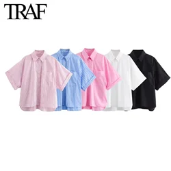 TRAF Women Fashion New Pocket Short Sleeve Single-breasted Lapel Poplin Blouse Street Clothing Shirt Chic Ladies Top Mujer