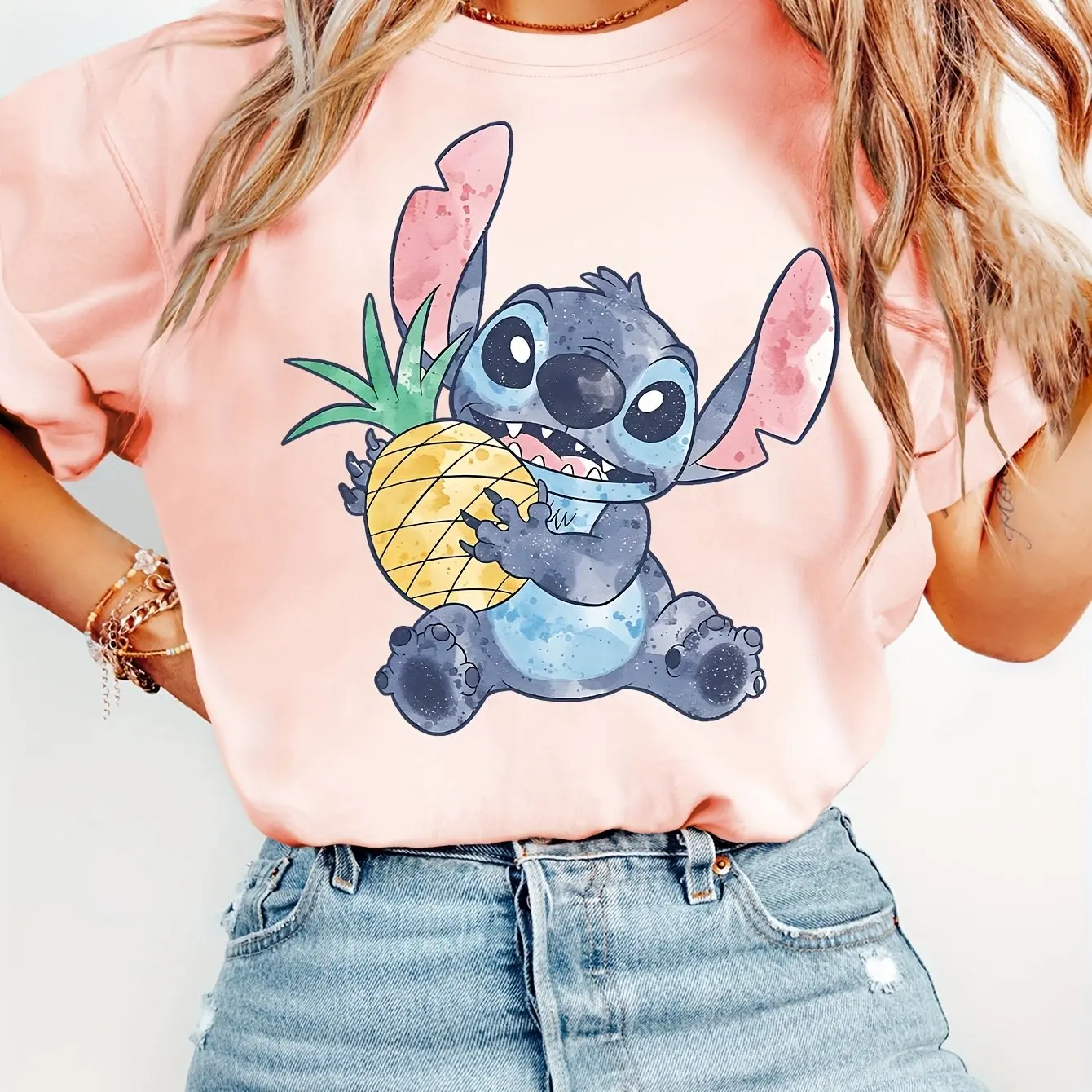 

Disney Stitch Pattern T-Shirt Cotton Men's Women Streetwear Casual Trendy Oversized Loose Short Sleeve Unisex Event Outfit