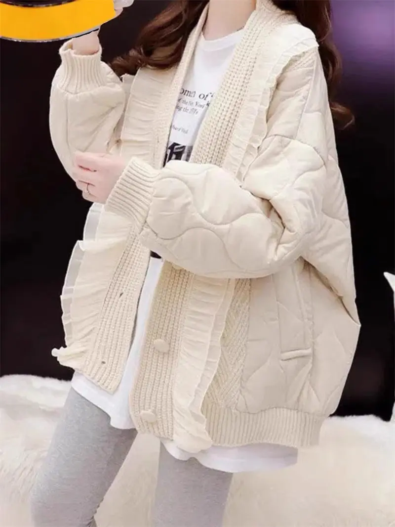 Autumn And Winter New Loose Knitted Jacket For Women Lazy Splicing With Lotus Leaf Edge V-Neck Cotton Quilted Sweater Coat k2566