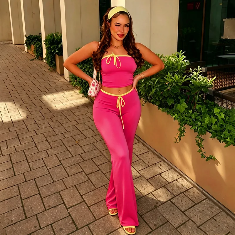 2 piece set women clothing autumn tube top wide leg pants strapless outfits bow patch high waist flare trousers sets crop top