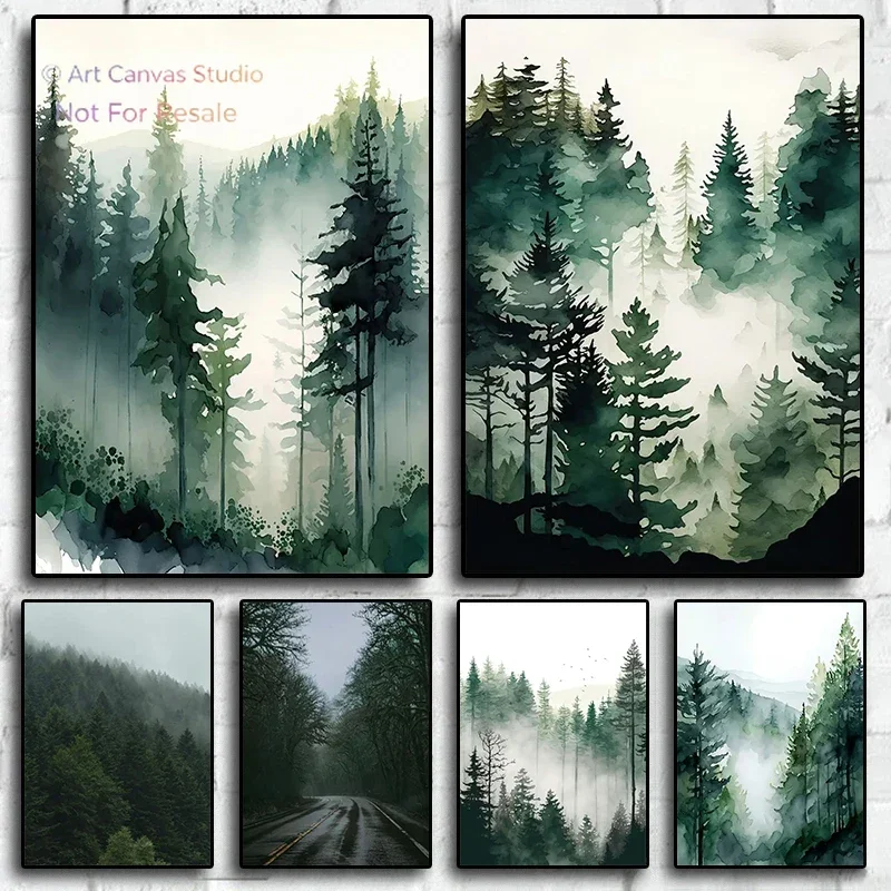 Foggy Mountain Misty Forest Pine Sage Green Wall Art Canvas Painting Nordic Poster and Prints Wall Picture for Living Room De