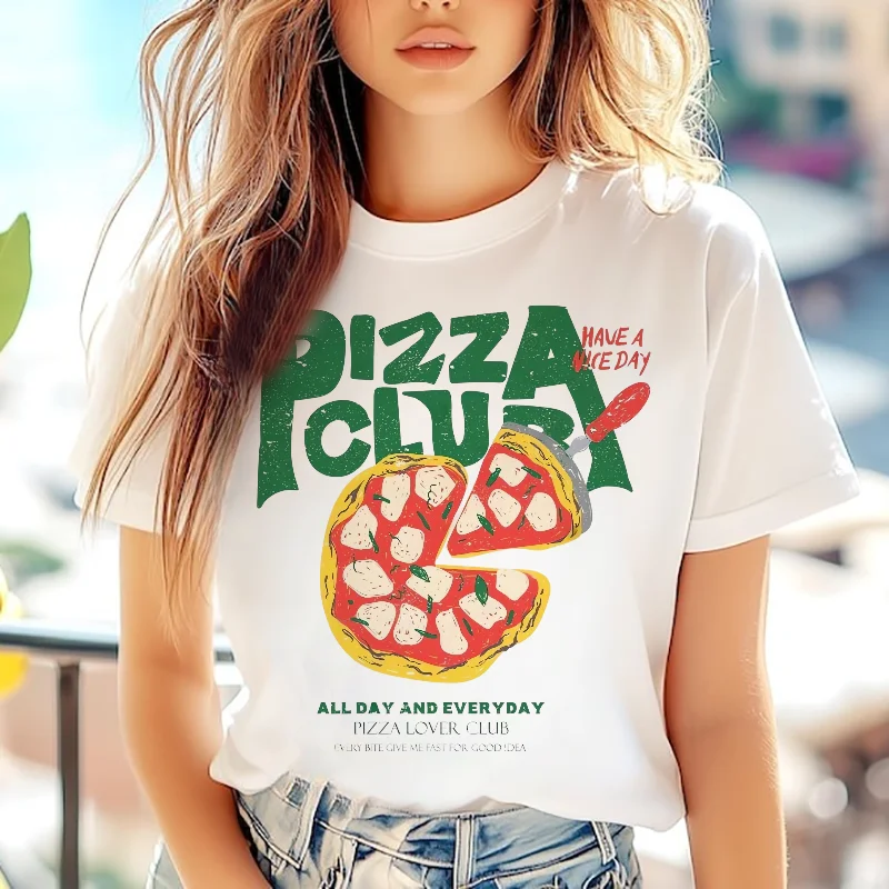 

Pizza Club Pattern T-Shirt Casual Vacation Top O-Neck Women's Basic Summer Versatile Clothing Women's Cartoon Style T-Shirt