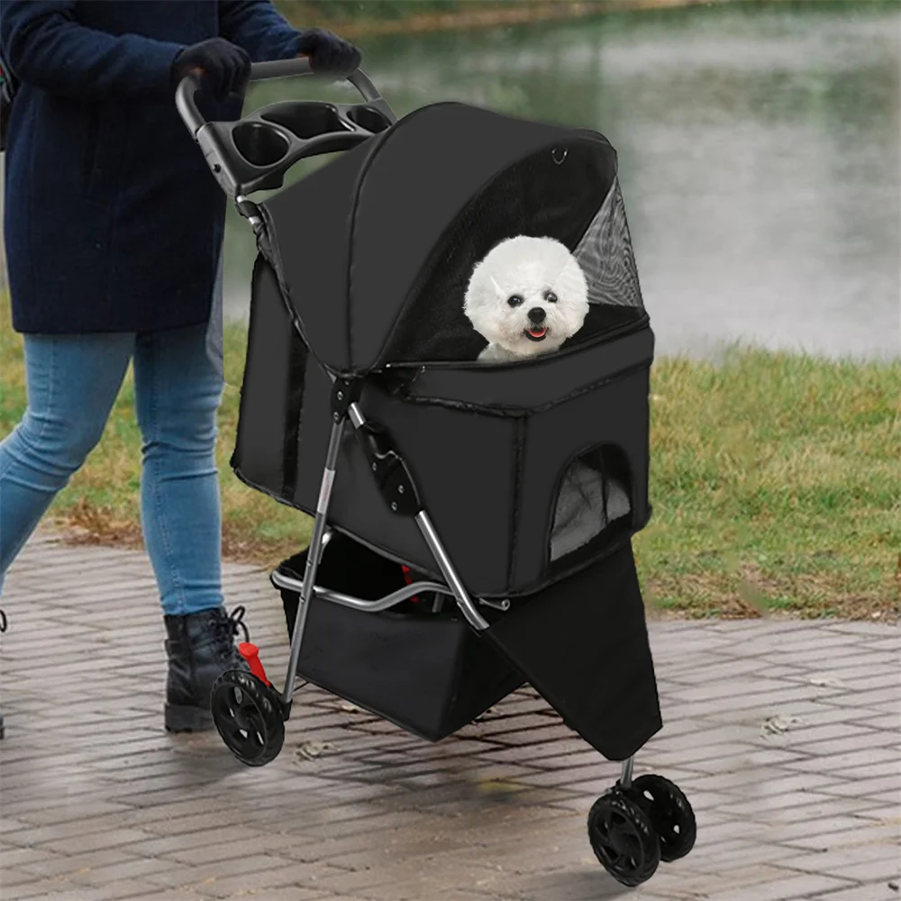 Dog Outdoor Stroller Folding Rotate Stroller Pet Puppy Stroller with Storage Basket Holder Universal Wheels for Dogs Cat Travel