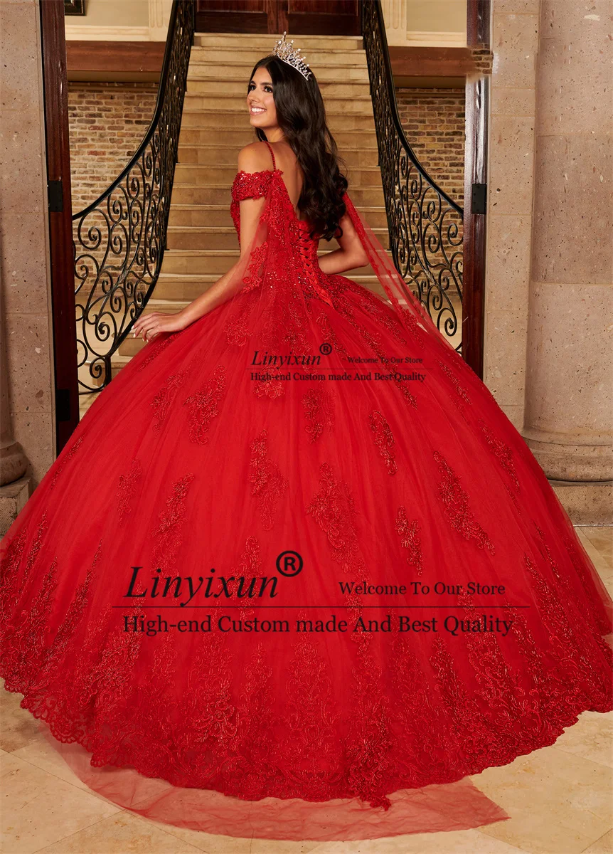 Elegante vestido De Quinceañera rojo brillante, apliques con cuentas, hombros descubiertos, dulce 16, Vestidos De baile, 15 Quinceañera, 2024