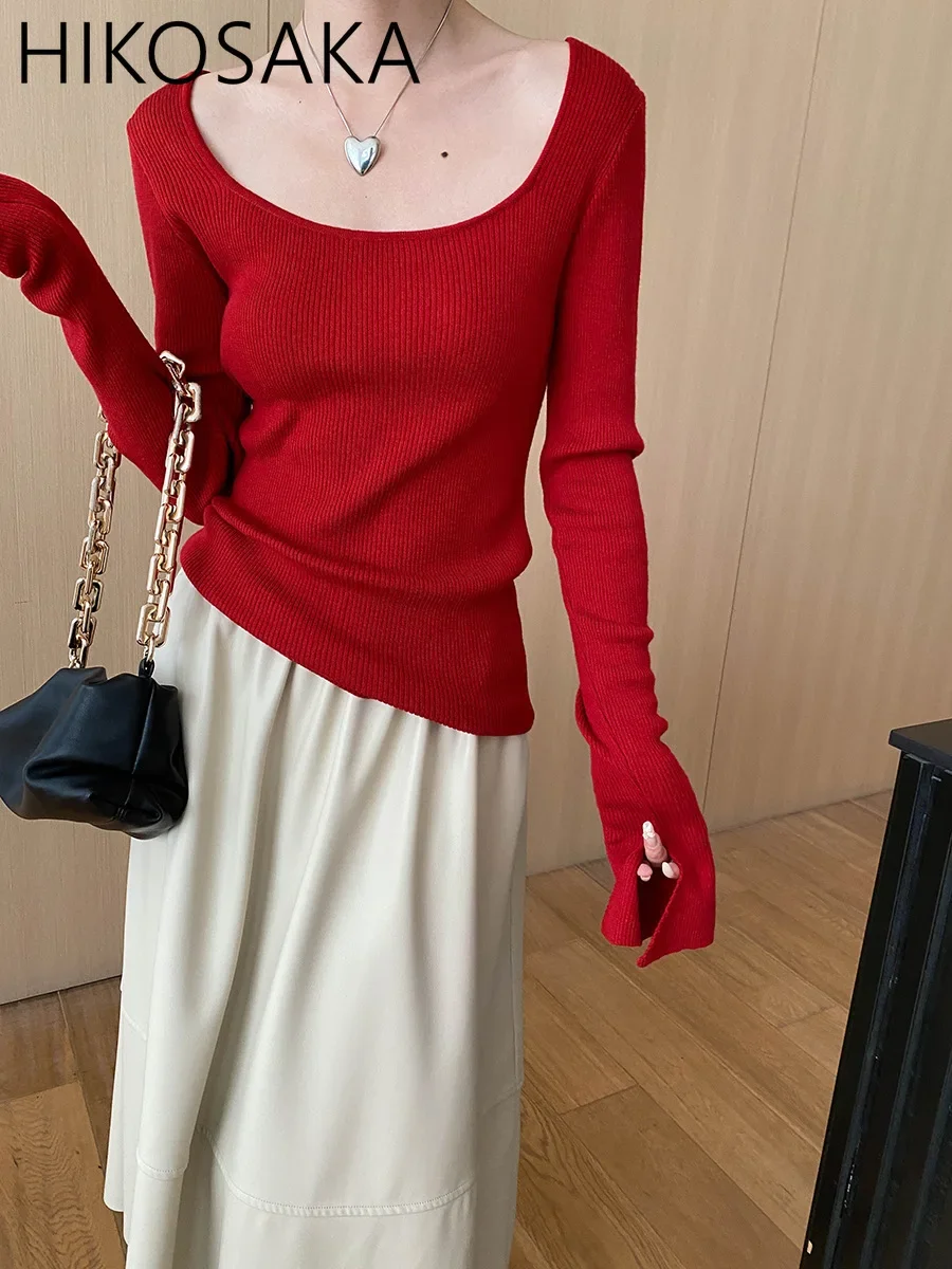 French Style Elegant Square Collar Solid Knitwear Lady Top Split Flare Sleeve Slim Fit Sweet Jumpers 2024 New Autumn Sweaters