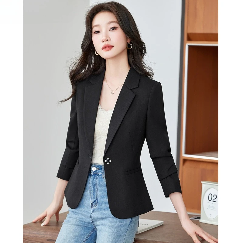 Light Pink Long-sleeved Small Blazer Women Coat Professional Fashion Single Button Formal Suit Jacket Ladies Office Blazers Tops