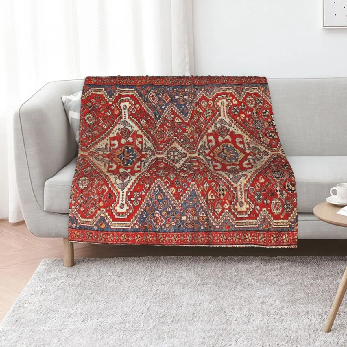 Red & Blue Persian Qashqai Rug Print Throw Blanket Sofa Plaid on the sofa for sofa Decorative Beds Cute Plaid Thins Blankets