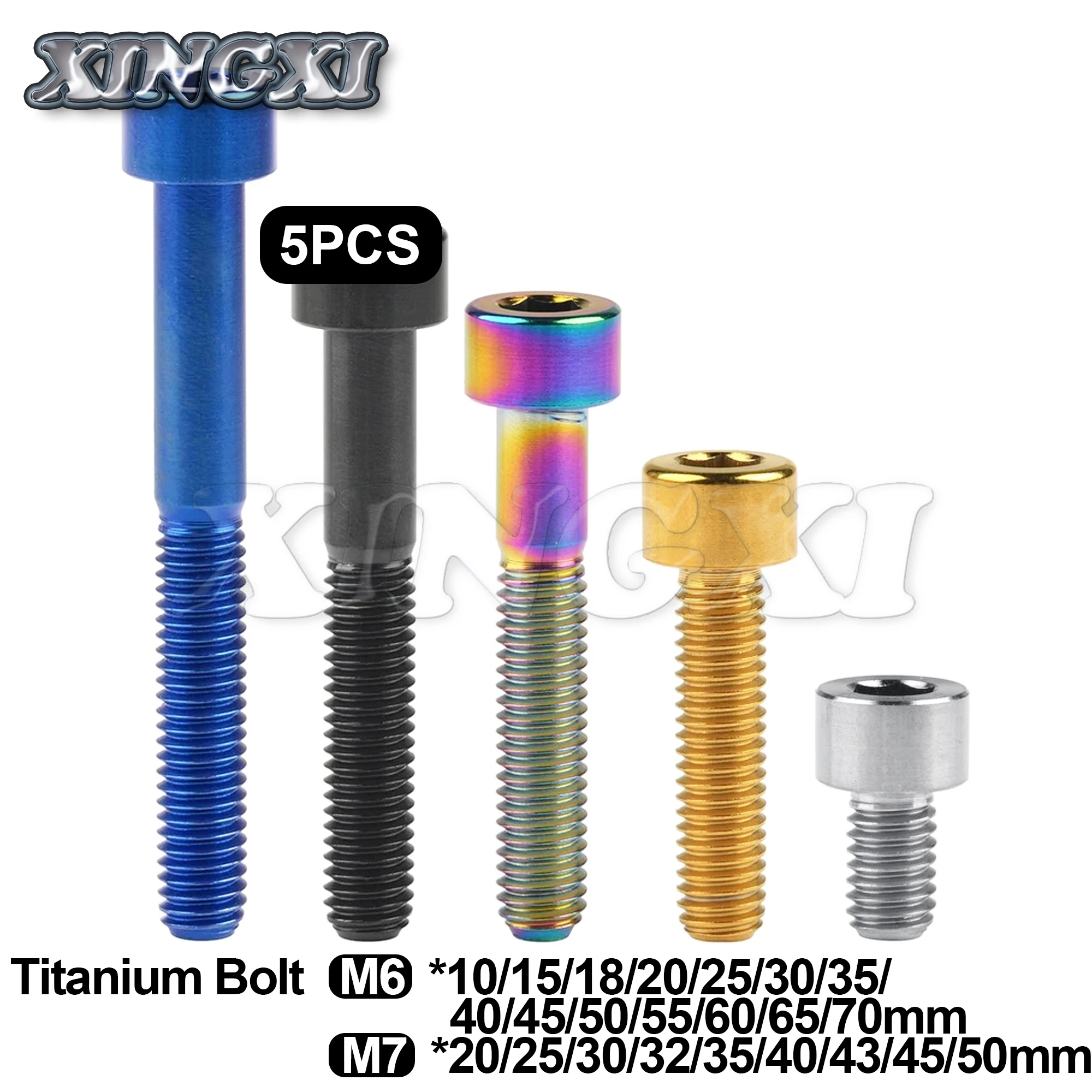 

Xingxi 5Pcs Titanium Bolt M6\M7X10 15 18 20 25 30 35 40 45 50 55 60 65mm Hex Head Screw For Bike Seatpost Fastener