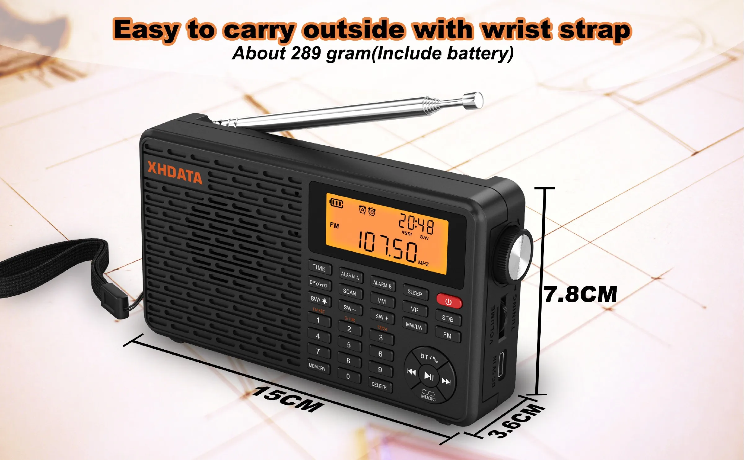 XHDATA D-109 Stereo Digitales Tragbares Radio AM SW MW FM Radio Bluetooth-kompatibles Multifunktionsradio Unterstützung TF-Kartenspieler – Detail 2