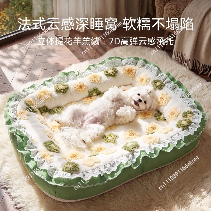 Autumn and winter kennel French relief flower cat nest thickened warm pet sleeping pad removable and washable