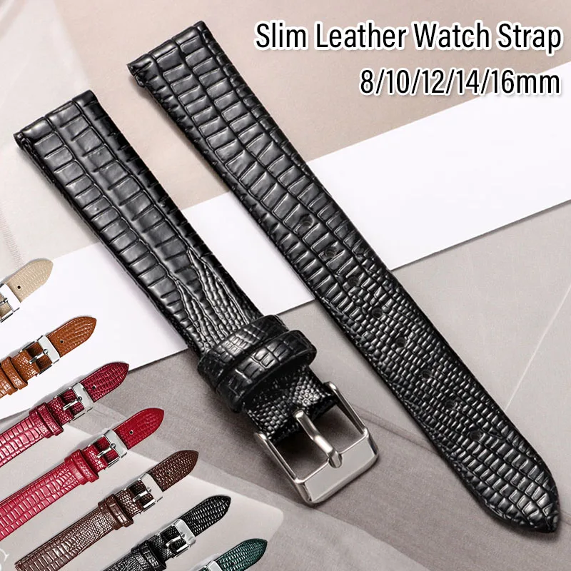 Schlankes Leder-Uhrenarmband 8mm 10mm 12mm 14mm 16mm Weiches Rindsleder mit Eidechsenmuster Sportliches Wasserdichtes Armband Mini-Handgelenksband