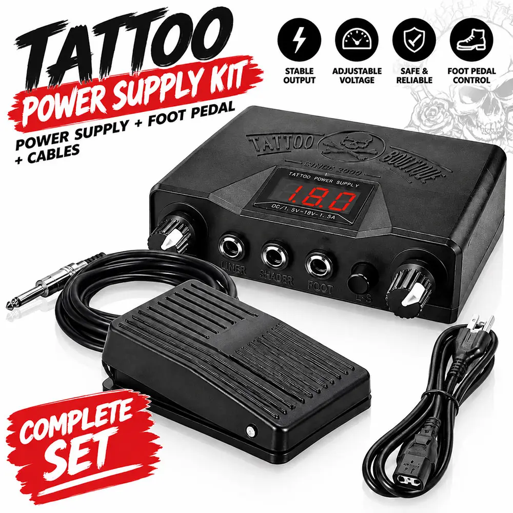 Tattoo Power Supply Kit Digital Display Adjustable Voltage Foot Pedal Set Stable Output for Professional Tattoo Machine Equipmen