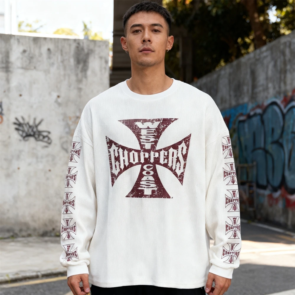 KUCLUT 1:1 Fashion Waffle Fabric Printed Tee American Style Streetwear Oversize Long Sleeves Tee Vintage Loose T Shirt Men