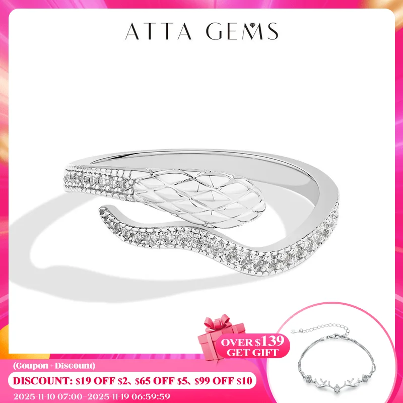 

ATTAGEMS Snake Half Eternal Moissanite Ring for Wome Engagement 925 Sterling Silver Engagement Wedding Charm Band Fine Jewellery